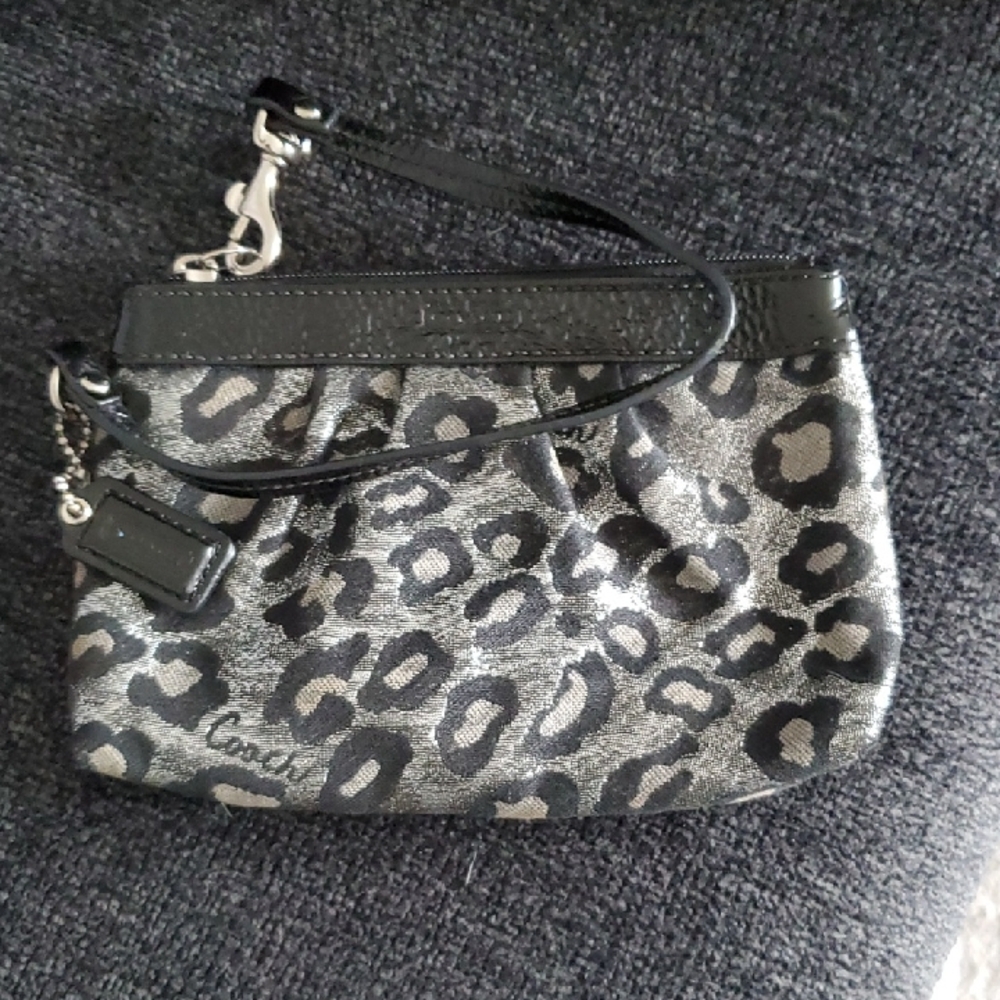 Coach Silver and Black Leopard-Print Wristlet Clutch